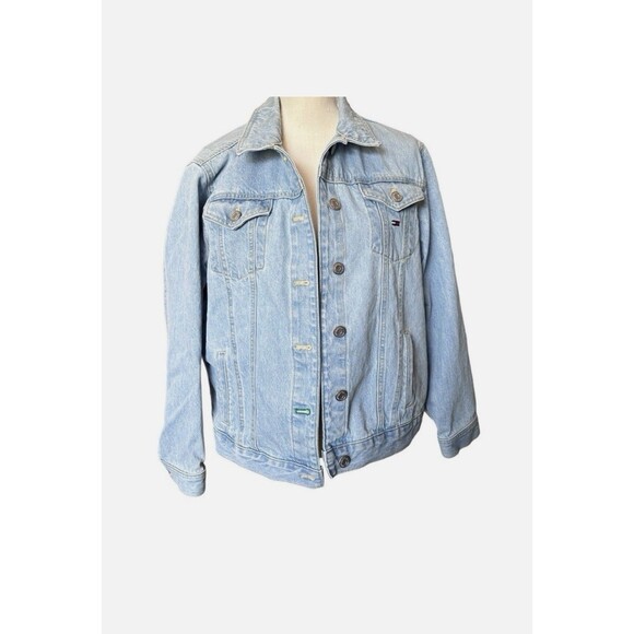 Vintage Tommy Hilfiger Denim Jacket Big Logo Flag Patch Back 90s Y2k Size M - Picture 2 of 4